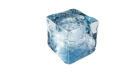 Ice cube melting with air bubbles on transparent background