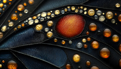 Close-up of intricate wing details; vibrant colors, textured surface, and tiny spherical elements