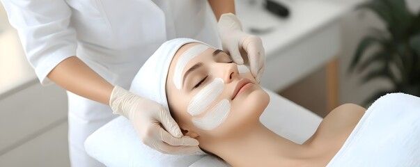 Fototapeta premium Woman receiving facial mask treatment at beauty salon. Skincare and spa procedure. Cosmetologist applying white cream on client face. Relaxation and pampering concept
