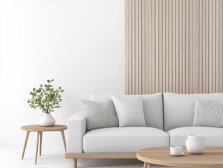 Minimalist living room design featu a light grey sofa with patterned pillows, wooden coffee table with teacups, and light wood slat wall decor style