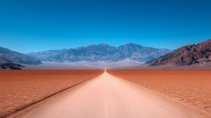 Long Dirt Road Through Vast Desert Landscape Under Blue Sky