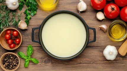 Overhead view of creamy pale-yellow soup in dark pot surrounded by fresh tomatoes garlic herbs and olive oil on rustic wooden surface setting