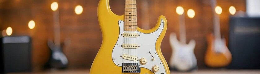 A yellow electric guitar prominently displayed in warm glowing lights, with blurred guitars and an amplifier creating a colorful musical atmosphere behind it