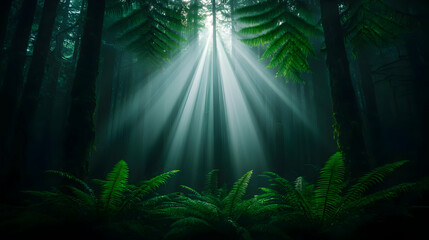Lush Green Tropical Jungle with Sunlight Rays