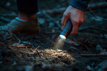 A close-up of a person's hand holding a flashlight, illuminating the ground in a dark forest or wilderness setting.