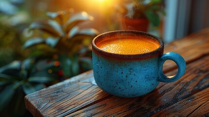 A cozy wooden table holding a steaming cup of masala chai, reflecting sunlight. HD 8K wallpaper Photographic Image