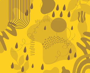 Hand-drawn abstract doodles with dots, shapes and plants in shades of grey and mustard colours