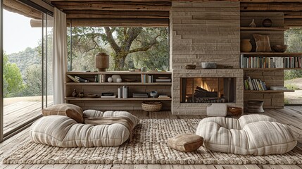 A cozy living room with a fireplace, bookshelves, and a soft rug. HD 8K wallpaper Photographic Image
