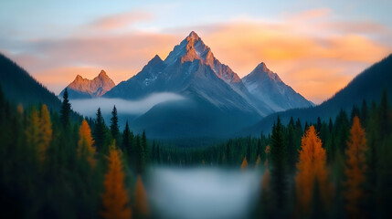 Obraz premium Majestic Mountain Peaks at Sunset with Autumnal Pine Forest