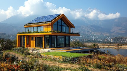 Obraz premium Modern eco-friendly house with solar panels, mountain view.
