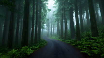 Obraz premium Misty Forest Path: A Dark Green Landscape