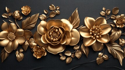 Golden Floral Arrangement: 3D Rendered Luxurious Botanical Design