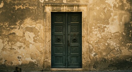 Old Wooden Door Framed by Stone and Weathered Plaster Wall