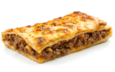 "Slice of Baked Lasagna with Minced Meat and Cheese Isolated on White Background"
