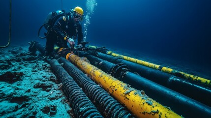 Underwater Technician Repairing Subsea Cables in Dark Blue Ocean With Yellow Protective Gear and Heavy Duty Industrial Equipment