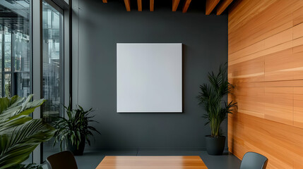 Modern Cafe Interior with Blank Canvas and Wood Wall