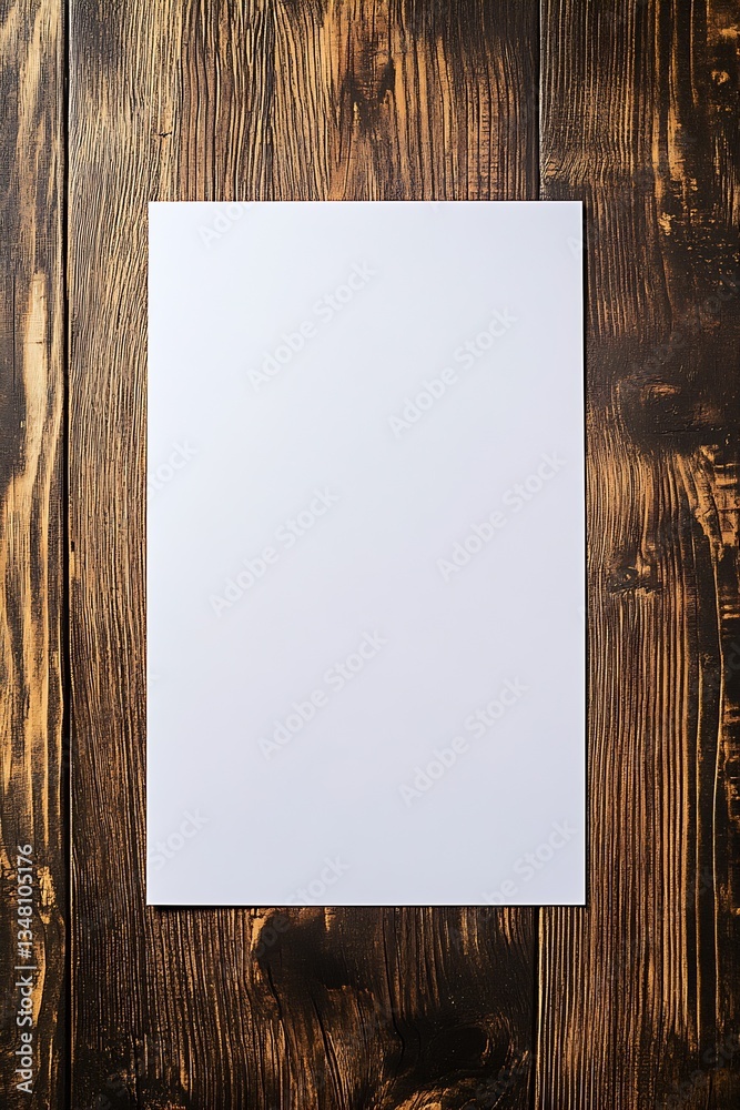 Poster blank white sheet of paper on a rustic wooden table ready for notes or drawings : generative ai