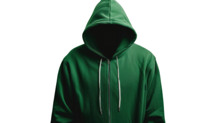 Hooded figure wearing green hoodie on transparent background