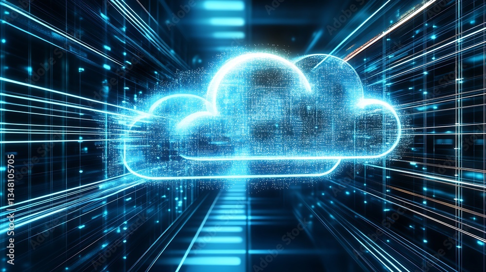 Poster Futuristic digital cloud technology with glowing data and vibrant lines in a high-speed network environment : Generative AI