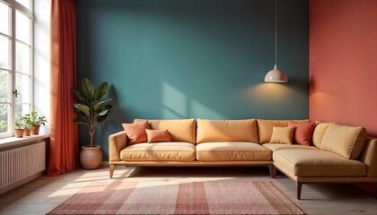 Modern living room with cozy yellow sofa, green and orange walls, indoor plants, and sunlight. 