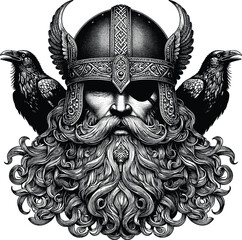 Odin Portrait with Ravens vector black silhouette cricut design for T-Shirt