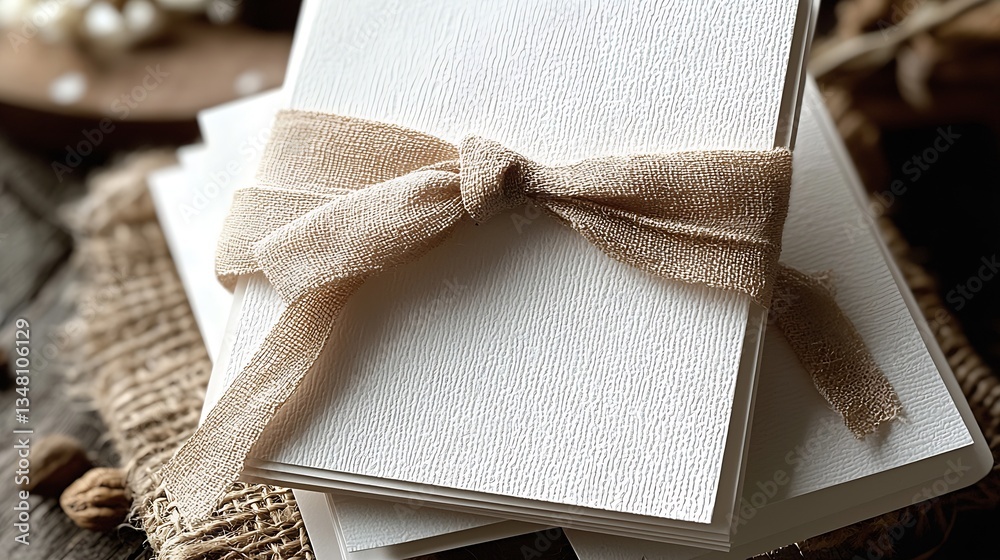 Poster A Beautifully Crafted Set of Blank Cards Tied with a Rustic Bow Set on Rustic Surface : Generative AI