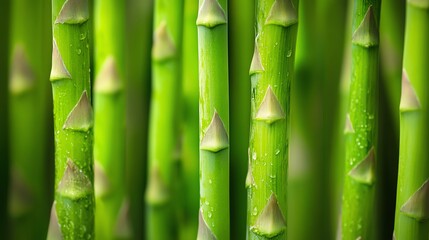 Close-up of Fresh Green Asparagus Stalks with Water Droplets