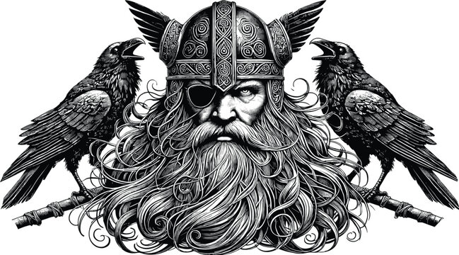 Odin Portrait with Ravens vector black silhouette cricut design for T-Shirt