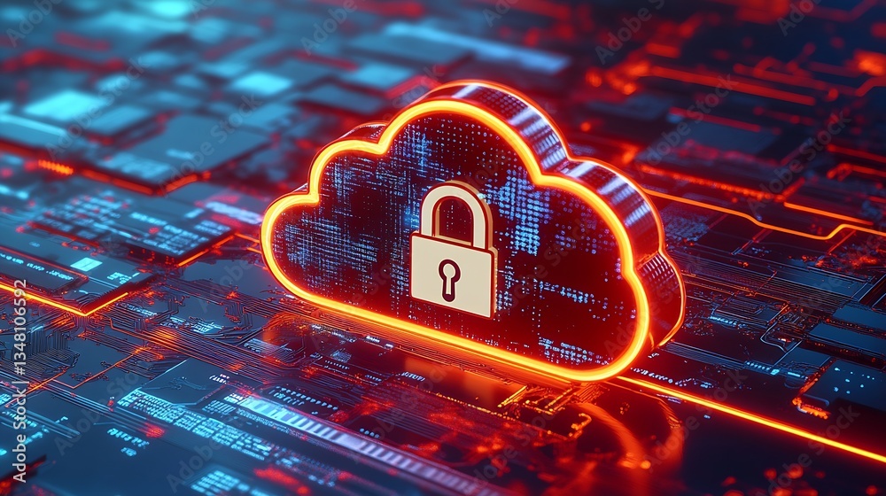 Poster Cloud technology concept featuring a secure cloud with a lock symbol representing data security and privacy : Generative AI