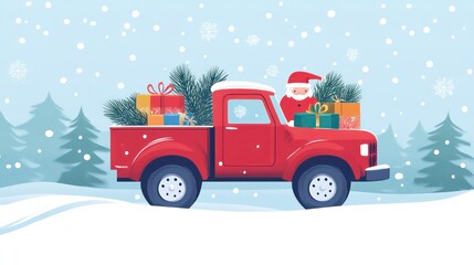 Vintage red truck carrying colorful gifts and pine branches on a snowy background. Santa claus driving car. Merry Christmas 2025