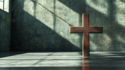 Fototapeta premium A wooden cross is illuminated by sunlight within a room