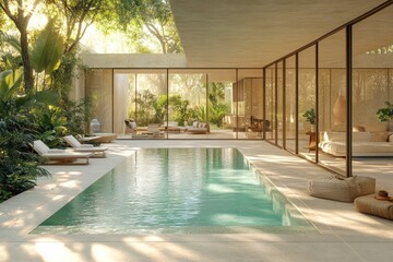Fototapeta premium Luxurious Modern Pool Oasis with Glass Walls and Lush Greenery, Sunlit Tranquility and Sophistication for Design, Travel, and Lifestyle Industries
