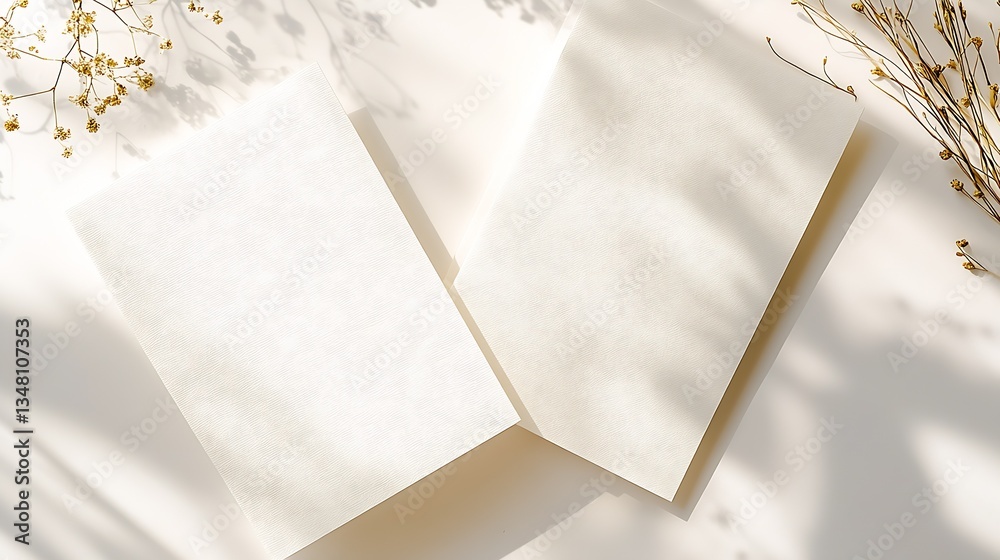 Poster Two blank cards on a beige background with soft shadows and delicate floral elements creating an elegant look : Generative AI