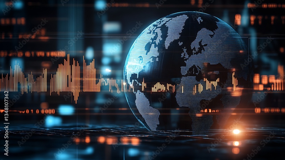 Poster Global Earth with digital sound waves and data visualization depicting the flow of information around the world : Generative AI