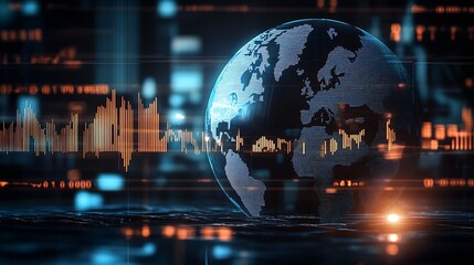 Global Earth with digital sound waves and data visualization depicting the flow of information around the world : Generative AI