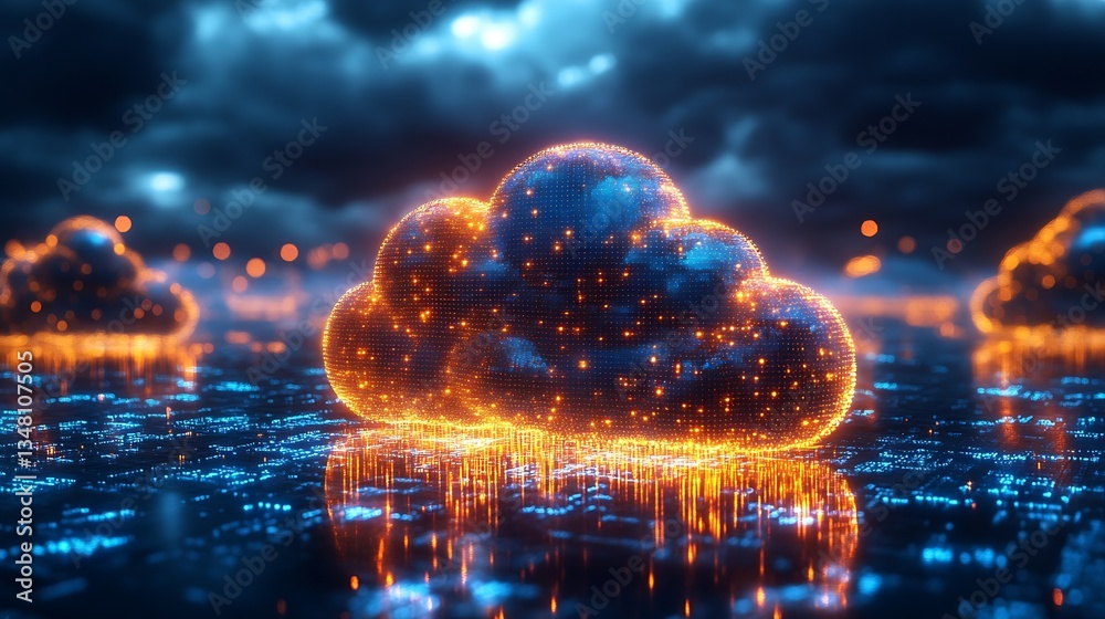 Poster Futuristic Cloud Structure with Digital Network Aesthetic in Vibrant Colors : Generative AI