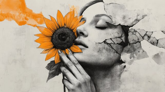 Woman with Sunflower and Broken Wall