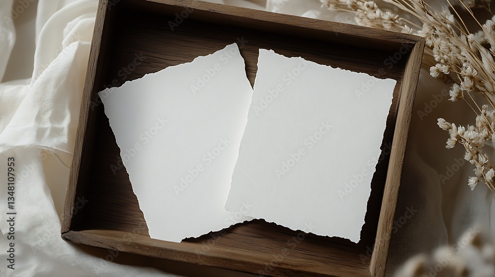 Leinwandbilder two blank sheets of textured white paper elegantly arranged in a rustic wooden tray for artistic sho