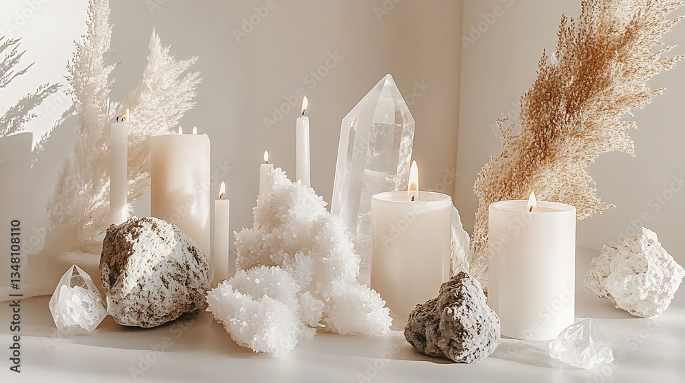 Poster elegant arrangement of white candles and crystals on a soft surface showcasing natural decor and min