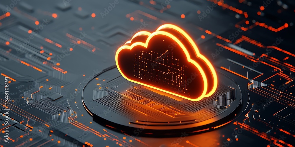Poster Futuristic Cloud Storage Concept with Glowing Cloud Icon on a Circuit Board Background : Generative AI
