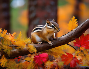 A chipmunk sits on a branch surrounded by vibrant autumn leaves.	