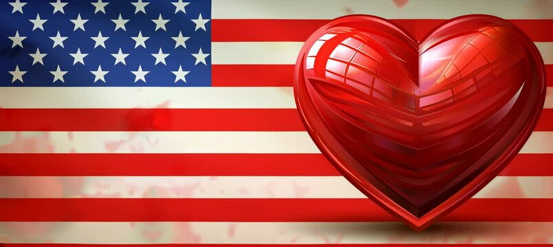 3D heart with America flag background. 4th of July or American independence day. Generative video AI technology.