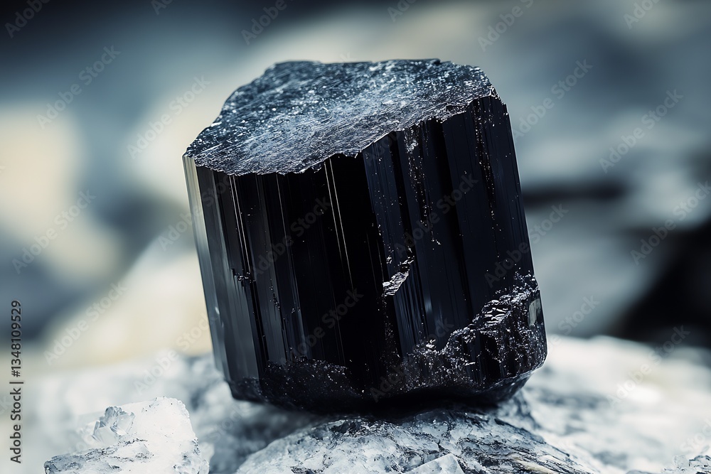 Poster unique black tourmaline crystal stone with natural rugged texture and sharp edges on display : gener