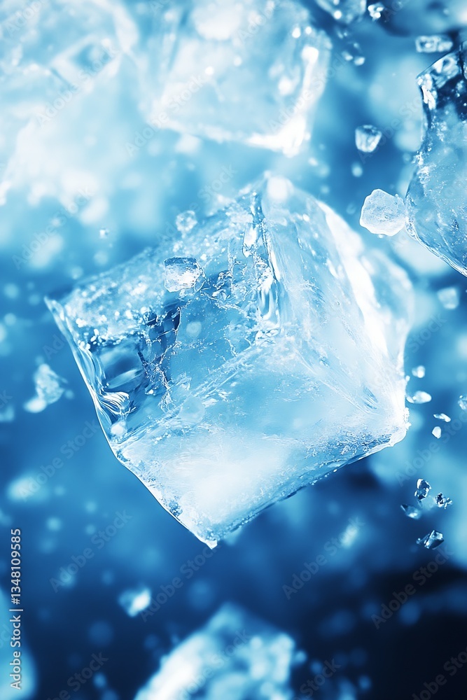 Poster close-up of ice cubes in crystal clear water with reflections and air bubbles : generative ai