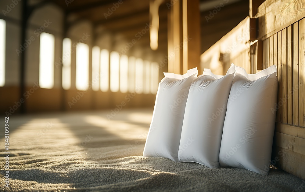 Leinwandbilder three neatly arranged white pillows resting on soft carpet in a warm and serene indoor space : gener
