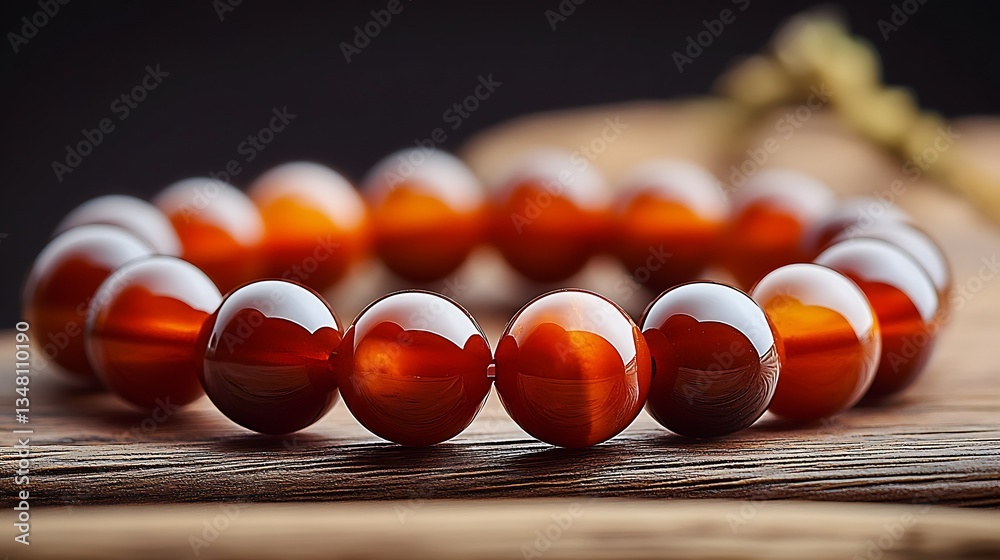 Poster mesmerizing close up view of a polished red tiger eye gemstone bracelet arranged on rustic wooden ba