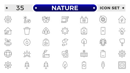 Nature icon set. Containing recycling, plant, nature, eco, earth, green energy, trees, ecology and more. Outline vector icons collection.