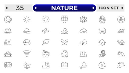 Nature icon set. Containing recycling, plant, nature, eco, earth, green energy, trees, ecology and more. Outline vector icons collection.