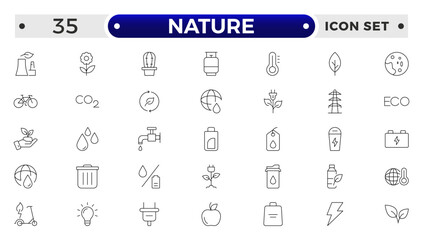 Nature icon set. Containing recycling, plant, nature, eco, earth, green energy, trees, ecology and more. Outline vector icons collection.