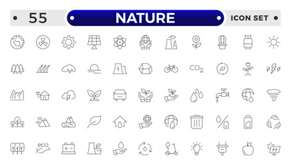 Nature icon set. Containing recycling, plant, nature, eco, earth, green energy, trees, ecology and more. Outline vector icons collection.